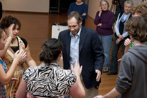 Photograph  26 of Barry Bilderback's Workshop and Performance 'Akwaaba and the Organization of Traditional Music and Dance in Ghanaian Culture.' Barry Bilderback is Assistant Professor of Music. Navin Chettri and World Beat were partners for the performance. Pictured: Barry Bilderback and audience participants at UI Prichard Gallery.