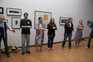 Photograph  29 of Barry Bilderback's Workshop and Performance 'Akwaaba and the Organization of Traditional Music and Dance in Ghanaian Culture.' Barry Bilderback is Assistant Professor of Music. Navin Chettri and World Beat were partners for the performance. Pictured: Audience participants at UI Prichard Gallery.