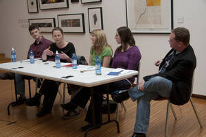 Photograph  14 of Brandon Schrand and MFA Creative Writing Students' Essay Reading 'The Unique and Universal in the Personal Essay: Graduate Student Readings.'  Brandon Schrand is an Assistant Professor of English. Pictured L to R: Aaron Poor, Jamaica Ritcher, Cara Stoddard, Ann Stebner Steele, Brandon Schrand in University of Idaho Prichard Gallery.