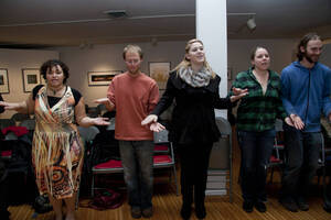 Photograph  30 of Barry Bilderback's Workshop and Performance 'Akwaaba and the Organization of Traditional Music and Dance in Ghanaian Culture.' Barry Bilderback is Assistant Professor of Music. Navin Chettri and World Beat were partners for the performance. Pictured: Audience participants at UI Prichard Gallery.