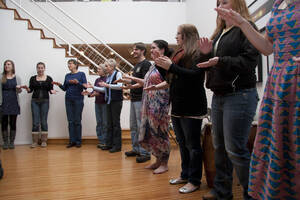 Photograph  31 of Barry Bilderback's Workshop and Performance 'Akwaaba and the Organization of Traditional Music and Dance in Ghanaian Culture.' Barry Bilderback is Assistant Professor of Music. Navin Chettri and World Beat were partners for the performance. Pictured: Audience participants at UI Prichard Gallery.