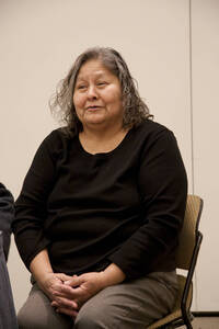 Photograph  1 of Moderator Janis Johnson with Loretta Halfmoon, Shirley McCormack, and Silas Whitman (descendents of Nez Perce musicians)'s Discussion 'A Discussion with Nez Perce Jazz Musicians.' Janis Johnson is Assistant Professor of English. Pictured: Shirley McCormack.