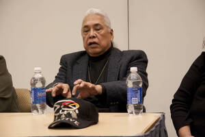 Photograph  4 of Moderator Janis Johnson with Loretta Halfmoon, Shirley McCormack, and Silas Whitman (descendents of Nez Perce musicians)'s Discussion 'A Discussion with Nez Perce Jazz Musicians.' Janis Johnson is Assistant Professor of English. Pictured: Silas Whitman.