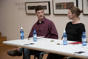 Photograph  15 of Brandon Schrand and MFA Creative Writing Students' Essay Reading 'The Unique and Universal in the Personal Essay: Graduate Student Readings.'  Brandon Schrand is an Assistant Professor of English. Pictured L to R: Aaron Poor, Jamaica Ritcher in University of Idaho Prichard Gallery.