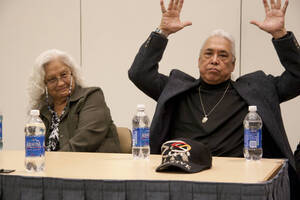 Photograph  6 of Moderator Janis Johnson with Loretta Halfmoon, Shirley McCormack, and Silas Whitman (descendents of Nez Perce musicians)'s Discussion 'A Discussion with Nez Perce Jazz Musicians.' Janis Johnson is Assistant Professor of English. Pictured L to R: Loretta Halfmoon and Silas Whitman .