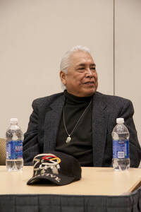 Photograph  8 of Moderator Janis Johnson with Loretta Halfmoon, Shirley McCormack, and Silas Whitman (descendents of Nez Perce musicians)'s Discussion 'A Discussion with Nez Perce Jazz Musicians.' Janis Johnson is Assistant Professor of English. Pictured: Silas Whitman.
