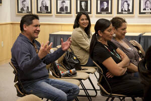Photograph  13 of Moderator Janis Johnson with Loretta Halfmoon, Shirley McCormack, and Silas Whitman (descendents of Nez Perce musicians)'s Discussion 'A Discussion with Nez Perce Jazz Musicians.' Janis Johnson is Assistant Professor of English. Pictured: Audience members.
