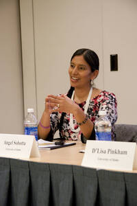 Photograph  1 of Georgia Johnson and graduate students Angel Sobotta, D'Lisa Pinkham, Lynn M. Becerra, Maria Isabel Morales, and Renee Holt's Panel Presentation 'Turning of the Wheel: an Indigenous Woman's Perspective.' Panelists are from Georgia Johnson (Associate Professor of Education)'s 'Indigenous Knowledge and Research Models in Education' course. Pictured: Angel Sobotta (UI).
