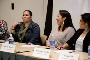Photograph  4 of Georgia Johnson and graduate students Angel Sobotta, D'Lisa Pinkham, Lynn M. Becerra, Maria Isabel Morales, and Renee Holt's Panel Presentation 'Turning of the Wheel: an Indigenous Woman's Perspective.' Panelists are from Georgia Johnson (Associate Professor of Education)'s 'Indigenous Knowledge and Research Models in Education' course. Pictured L to R: D'Lisa Pinkham (UI), Lynn Becerra (WSU), and Maria Isabel Morales (WSU).