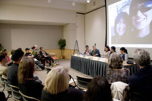 Photograph  6 of Georgia Johnson and graduate students Angel Sobotta, D'Lisa Pinkham, Lynn M. Becerra, Maria Isabel Morales, and Renee Holt's Panel Presentation 'Turning of the Wheel: an Indigenous Woman's Perspective.' Panelists are from Georgia Johnson (Associate Professor of Education)'s 'Indigenous Knowledge and Research Models in Education' course. Pictured: Panelists and audience.
