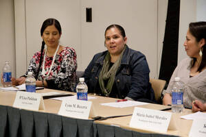 Photograph  5 of Georgia Johnson and graduate students Angel Sobotta, D'Lisa Pinkham, Lynn M. Becerra, Maria Isabel Morales, and Renee Holt's Panel Presentation 'Turning of the Wheel: an Indigenous Woman's Perspective.' Panelists are from Georgia Johnson (Associate Professor of Education)'s 'Indigenous Knowledge and Research Models in Education' course. Pictured L to R: Angel Sobotta (UI), D'Lisa Pinkham (UI), and Lynn Becerra (WSU).