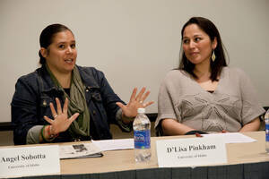 Photograph  7 of Georgia Johnson and graduate students Angel Sobotta, D'Lisa Pinkham, Lynn M. Becerra, Maria Isabel Morales, and Renee Holt's Panel Presentation 'Turning of the Wheel: an Indigenous Woman's Perspective.' Panelists are from Georgia Johnson (Associate Professor of Education)'s 'Indigenous Knowledge and Research Models in Education' course. Pictured L to R: D'Lisa Pinkham (UI) and Lynn Becerra (WSU).
