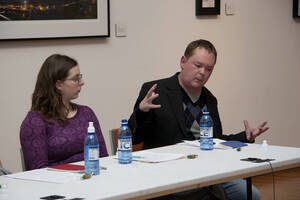 Photograph  17 of Brandon Schrand and MFA Creative Writing Students' Essay Reading 'The Unique and Universal in the Personal Essay: Graduate Student Readings.'  Brandon Schrand is an Assistant Professor of English. Pictured L to R: Ann Stebner Steele, Brandon Schrand in University of Idaho Prichard Gallery.
