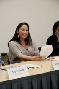 Photograph  12 of Georgia Johnson and graduate students Angel Sobotta, D'Lisa Pinkham, Lynn M. Becerra, Maria Isabel Morales, and Renee Holt's Panel Presentation 'Turning of the Wheel: an Indigenous Woman's Perspective.' Panelists are from Georgia Johnson (Associate Professor of Education)'s 'Indigenous Knowledge and Research Models in Education' course. Pictured: Lynn M. Becerra (WSU).