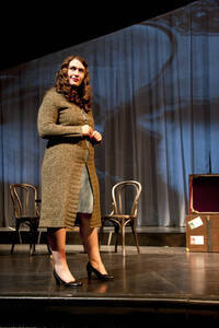 Photograph  1 of Robert Caisley and Lauren 'Lojo' Simon's Performance 'Adoration of Dora: a Play with Text and Images.' Robert Caisley, Associate Professor of Theatre Arts and Head of Dramatic Writing, directed the play. Lauren 'Lojo' Simon, MFA graduate student, wrote the play. Pictured: Cast members perform at dress rehearsal, University of Idaho Hartung Theater.