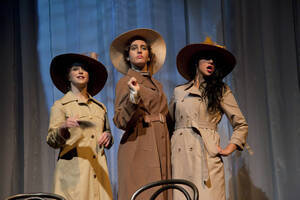 Photograph  3 of Robert Caisley and Lauren 'Lojo' Simon's Performance 'Adoration of Dora: a Play with Text and Images.' Robert Caisley, Associate Professor of Theatre Arts and Head of Dramatic Writing, directed the play. Lauren 'Lojo' Simon, MFA graduate student, wrote the play. Pictured: Cast members perform at dress rehearsal, University of Idaho Hartung Theater.