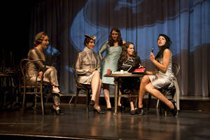 Photograph  6 of Robert Caisley and Lauren 'Lojo' Simon's Performance 'Adoration of Dora: a Play with Text and Images.' Robert Caisley, Associate Professor of Theatre Arts and Head of Dramatic Writing, directed the play. Lauren 'Lojo' Simon, MFA graduate student, wrote the play. Pictured: Cast members perform at dress rehearsal, University of Idaho Hartung Theater.