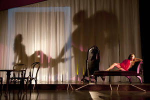 Photograph  8 of Robert Caisley and Lauren 'Lojo' Simon's Performance 'Adoration of Dora: a Play with Text and Images.' Robert Caisley, Associate Professor of Theatre Arts and Head of Dramatic Writing, directed the play. Lauren 'Lojo' Simon, MFA graduate student, wrote the play. Pictured: Cast members perform at dress rehearsal, University of Idaho Hartung Theater.