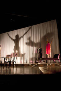 Photograph  10 of Robert Caisley and Lauren 'Lojo' Simon's Performance 'Adoration of Dora: a Play with Text and Images.' Robert Caisley, Associate Professor of Theatre Arts and Head of Dramatic Writing, directed the play. Lauren 'Lojo' Simon, MFA graduate student, wrote the play. Pictured: Cast members perform at dress rehearsal, University of Idaho Hartung Theater.