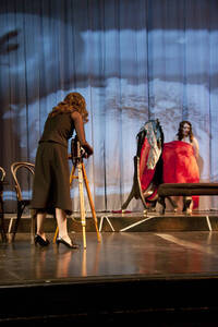 Photograph  12 of Robert Caisley and Lauren 'Lojo' Simon's Performance 'Adoration of Dora: a Play with Text and Images.' Robert Caisley, Associate Professor of Theatre Arts and Head of Dramatic Writing, directed the play. Lauren 'Lojo' Simon, MFA graduate student, wrote the play. Pictured: Cast members perform at dress rehearsal, University of Idaho Hartung Theater.