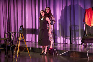 Photograph  14 of Robert Caisley and Lauren 'Lojo' Simon's Performance 'Adoration of Dora: a Play with Text and Images.' Robert Caisley, Associate Professor of Theatre Arts and Head of Dramatic Writing, directed the play. Lauren 'Lojo' Simon, MFA graduate student, wrote the play. Pictured: Cast members perform at dress rehearsal, University of Idaho Hartung Theater.