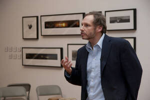 Photograph  12 of Barry Bilderback's Workshop and Performance 'Akwaaba and the Organization of Traditional Music and Dance in Ghanaian Culture.' Barry Bilderback is Assistant Professor of Music. Navin Chettri and World Beat were partners for the performance. Pictured: Barry Bilderback at UI Prichard Gallery.