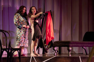 Photograph  20 of Robert Caisley and Lauren 'Lojo' Simon's Performance 'Adoration of Dora: a Play with Text and Images.' Robert Caisley, Associate Professor of Theatre Arts and Head of Dramatic Writing, directed the play. Lauren 'Lojo' Simon, MFA graduate student, wrote the play. Pictured: Cast members perform at dress rehearsal, University of Idaho Hartung Theater.