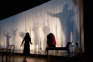 Photograph  22 of Robert Caisley and Lauren 'Lojo' Simon's Performance 'Adoration of Dora: a Play with Text and Images.' Robert Caisley, Associate Professor of Theatre Arts and Head of Dramatic Writing, directed the play. Lauren 'Lojo' Simon, MFA graduate student, wrote the play. Pictured: Cast members perform at dress rehearsal, University of Idaho Hartung Theater.