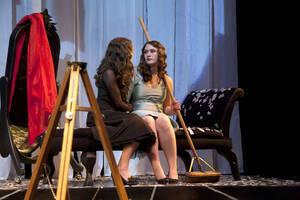 Photograph  24 of Robert Caisley and Lauren 'Lojo' Simon's Performance 'Adoration of Dora: a Play with Text and Images.' Robert Caisley, Associate Professor of Theatre Arts and Head of Dramatic Writing, directed the play. Lauren 'Lojo' Simon, MFA graduate student, wrote the play. Pictured: Cast members perform at dress rehearsal, University of Idaho Hartung Theater.