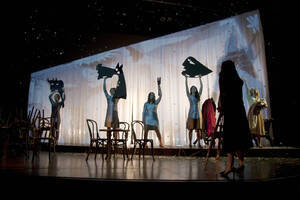 Photograph  23 of Robert Caisley and Lauren 'Lojo' Simon's Performance 'Adoration of Dora: a Play with Text and Images.' Robert Caisley, Associate Professor of Theatre Arts and Head of Dramatic Writing, directed the play. Lauren 'Lojo' Simon, MFA graduate student, wrote the play. Pictured: Cast members perform at dress rehearsal, University of Idaho Hartung Theater.