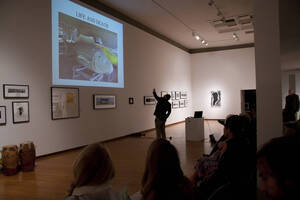 Photograph  13 of Barry Bilderback's Workshop and Performance 'Akwaaba and the Organization of Traditional Music and Dance in Ghanaian Culture.' Barry Bilderback is Assistant Professor of Music. Navin Chettri and World Beat were partners for the performance. Pictured: Barry Bilderback at UI Prichard Gallery.