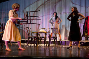 Photograph  26 of Robert Caisley and Lauren 'Lojo' Simon's Performance 'Adoration of Dora: a Play with Text and Images.' Robert Caisley, Associate Professor of Theatre Arts and Head of Dramatic Writing, directed the play. Lauren 'Lojo' Simon, MFA graduate student, wrote the play. Pictured: Cast members perform at dress rehearsal, University of Idaho Hartung Theater.