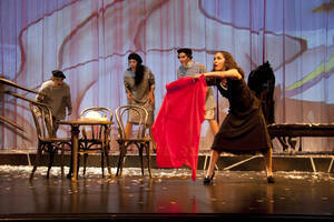 Photograph  27 of Robert Caisley and Lauren 'Lojo' Simon's Performance 'Adoration of Dora: a Play with Text and Images.' Robert Caisley, Associate Professor of Theatre Arts and Head of Dramatic Writing, directed the play. Lauren 'Lojo' Simon, MFA graduate student, wrote the play. Pictured: Cast members perform at dress rehearsal, University of Idaho Hartung Theater.