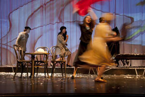 Photograph  28 of Robert Caisley and Lauren 'Lojo' Simon's Performance 'Adoration of Dora: a Play with Text and Images.' Robert Caisley, Associate Professor of Theatre Arts and Head of Dramatic Writing, directed the play. Lauren 'Lojo' Simon, MFA graduate student, wrote the play. Pictured: Cast members perform at dress rehearsal, University of Idaho Hartung Theater.