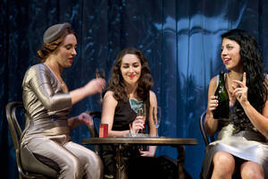 Photograph  29 of Robert Caisley and Lauren 'Lojo' Simon's Performance 'Adoration of Dora: a Play with Text and Images.' Robert Caisley, Associate Professor of Theatre Arts and Head of Dramatic Writing, directed the play. Lauren 'Lojo' Simon, MFA graduate student, wrote the play. Pictured: Cast members perform at dress rehearsal, University of Idaho Hartung Theater.