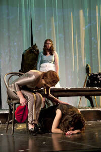 Photograph  32 of Robert Caisley and Lauren 'Lojo' Simon's Performance 'Adoration of Dora: a Play with Text and Images.' Robert Caisley, Associate Professor of Theatre Arts and Head of Dramatic Writing, directed the play. Lauren 'Lojo' Simon, MFA graduate student, wrote the play. Pictured: Cast members perform at dress rehearsal, University of Idaho Hartung Theater.