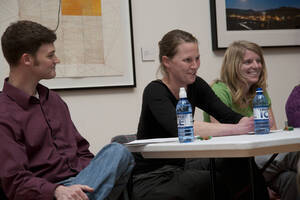 Photograph  20 of Brandon Schrand and MFA Creative Writing Students' Essay Reading 'The Unique and Universal in the Personal Essay: Graduate Student Readings.'  Brandon Schrand is an Assistant Professor of English. Pictured L to R: Aaron Poor, Jamaica Ritcher, Cara Stoddard  in University of Idaho Prichard Gallery.
