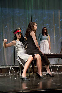 Photograph  31 of Robert Caisley and Lauren 'Lojo' Simon's Performance 'Adoration of Dora: a Play with Text and Images.' Robert Caisley, Associate Professor of Theatre Arts and Head of Dramatic Writing, directed the play. Lauren 'Lojo' Simon, MFA graduate student, wrote the play. Pictured: Cast members perform at dress rehearsal, University of Idaho Hartung Theater.