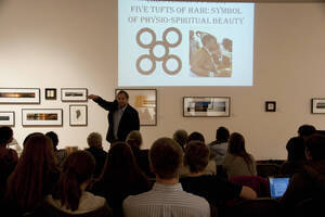 Photograph  14 of Barry Bilderback's Workshop and Performance 'Akwaaba and the Organization of Traditional Music and Dance in Ghanaian Culture.' Barry Bilderback is Assistant Professor of Music. Navin Chettri and World Beat were partners for the performance. Pictured: Barry Bilderback at UI Prichard Gallery.