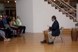 Photograph  17 of Barry Bilderback's Workshop and Performance 'Akwaaba and the Organization of Traditional Music and Dance in Ghanaian Culture.' Barry Bilderback is Assistant Professor of Music. Navin Chettri and World Beat were partners for the performance. Pictured: Barry Bilderback at UI Prichard Gallery.