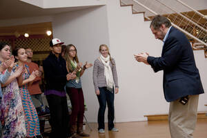 Photograph  19 of Barry Bilderback's Workshop and Performance 'Akwaaba and the Organization of Traditional Music and Dance in Ghanaian Culture.' Barry Bilderback is Assistant Professor of Music. Navin Chettri and World Beat were partners for the performance. Pictured: Barry Bilderback and audience at UI Prichard Gallery.