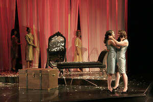 Photograph  48 of Robert Caisley and Lauren 'Lojo' Simon's Performance 'Adoration of Dora: a Play with Text and Images.' Robert Caisley, Associate Professor of Theatre Arts and Head of Dramatic Writing, directed the play. Lauren 'Lojo' Simon, MFA graduate student, wrote the play. Pictured: Cast members perform at dress rehearsal, University of Idaho Hartung Theater.