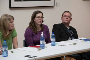 Photograph  21 of Brandon Schrand and MFA Creative Writing Students' Essay Reading 'The Unique and Universal in the Personal Essay: Graduate Student Readings.'  Brandon Schrand is an Assistant Professor of English. Pictured L to R: Cara Stoddard, Ann Stebner Steele, Brandon Schrand in University of Idaho Prichard Gallery.