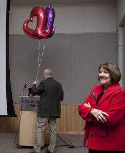 Photograph  1 of Katherine Aiken's Colloquium Talk 'A Historian Looks at Valentine's Day.' Katherine Aiken is Dean, College of Letters, Arts & Social Sciences, and Professor of History. Pictured: Rodney Frey and Katherine Aiken.