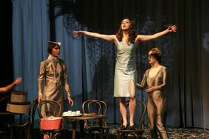 Photograph  36 of Robert Caisley and Lauren 'Lojo' Simon's Performance 'Adoration of Dora: a Play with Text and Images.' Robert Caisley, Associate Professor of Theatre Arts and Head of Dramatic Writing, directed the play. Lauren 'Lojo' Simon, MFA graduate student, wrote the play. Pictured: Cast members perform at dress rehearsal, University of Idaho Hartung Theater.