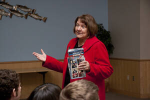 Photograph  2 of Katherine Aiken's Colloquium Talk 'A Historian Looks at Valentine's Day.' Katherine Aiken is Dean, College of Letters, Arts & Social Sciences, and Professor of History. Pictured: Katherine Aiken.