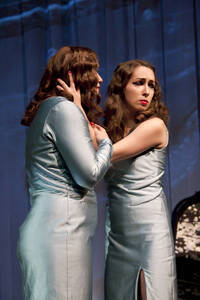 Photograph  38 of Robert Caisley and Lauren 'Lojo' Simon's Performance 'Adoration of Dora: a Play with Text and Images.' Robert Caisley, Associate Professor of Theatre Arts and Head of Dramatic Writing, directed the play. Lauren 'Lojo' Simon, MFA graduate student, wrote the play. Pictured: Cast members perform at dress rehearsal, University of Idaho Hartung Theater.