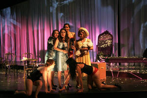 Photograph  40 of Robert Caisley and Lauren 'Lojo' Simon's Performance 'Adoration of Dora: a Play with Text and Images.' Robert Caisley, Associate Professor of Theatre Arts and Head of Dramatic Writing, directed the play. Lauren 'Lojo' Simon, MFA graduate student, wrote the play. Pictured: Cast members perform at dress rehearsal, University of Idaho Hartung Theater.