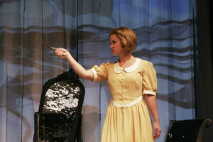 Photograph  44 of Robert Caisley and Lauren 'Lojo' Simon's Performance 'Adoration of Dora: a Play with Text and Images.' Robert Caisley, Associate Professor of Theatre Arts and Head of Dramatic Writing, directed the play. Lauren 'Lojo' Simon, MFA graduate student, wrote the play. Pictured: Cast members perform at dress rehearsal, University of Idaho Hartung Theater.