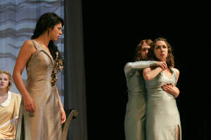 Photograph  47 of Robert Caisley and Lauren 'Lojo' Simon's Performance 'Adoration of Dora: a Play with Text and Images.' Robert Caisley, Associate Professor of Theatre Arts and Head of Dramatic Writing, directed the play. Lauren 'Lojo' Simon, MFA graduate student, wrote the play. Pictured: Cast members perform at dress rehearsal, University of Idaho Hartung Theater.